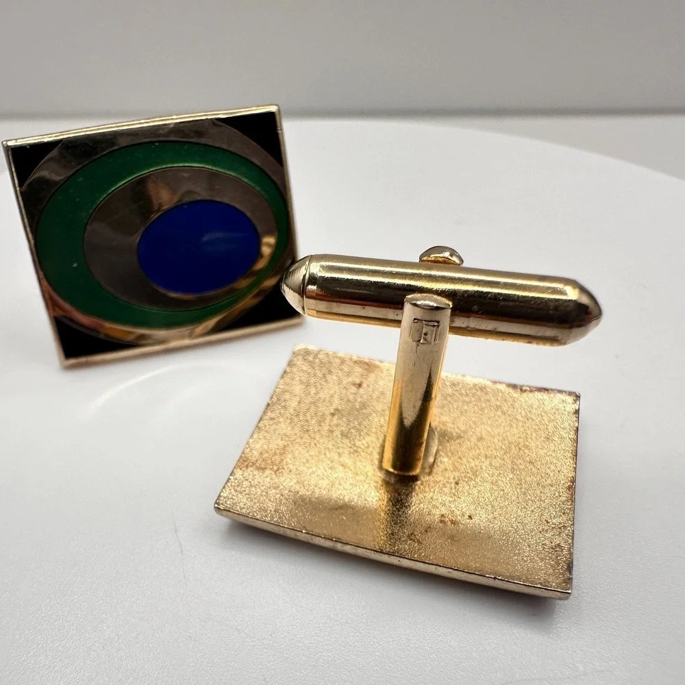Vintage 80s Gold Tone Cufflinks Blue Green‎ Enamel Peacock Eye Abstract Jewelry